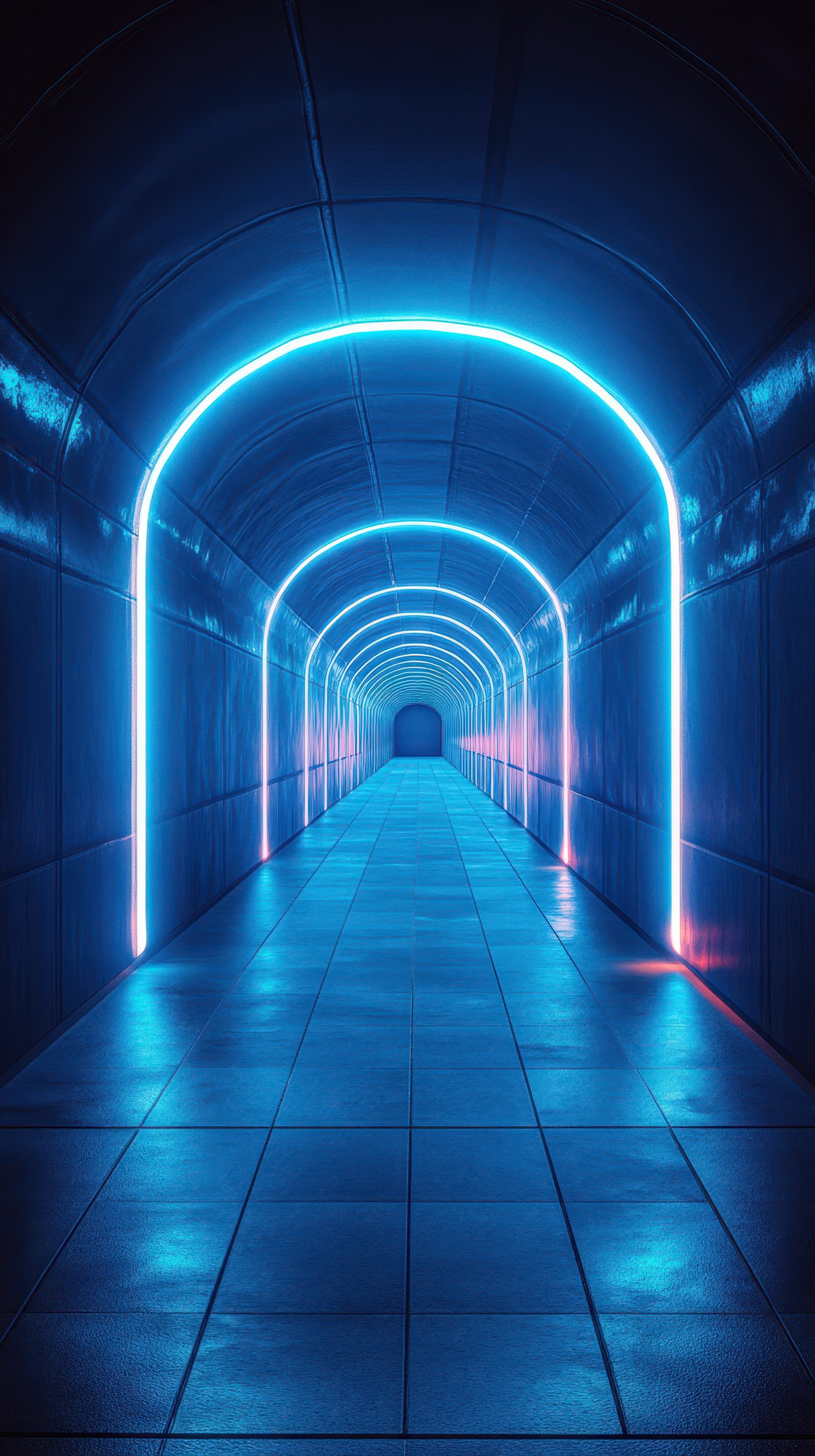 Bright blue neon lights illuminate a futuristic tunnel with smooth tiles and a dark entrance at the far end
